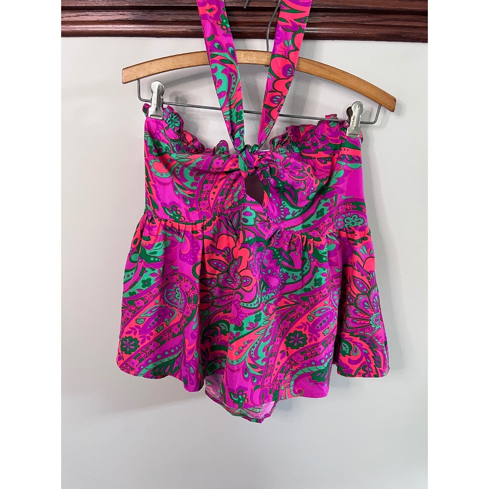 SHEIN Pink Green Paisley Halter Tie Front Smocked Babydoll Top Womens XL 12